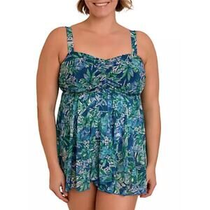Fit 4 U Blue Flyaway Bandeau Tropical One Piece Swimdress 24W